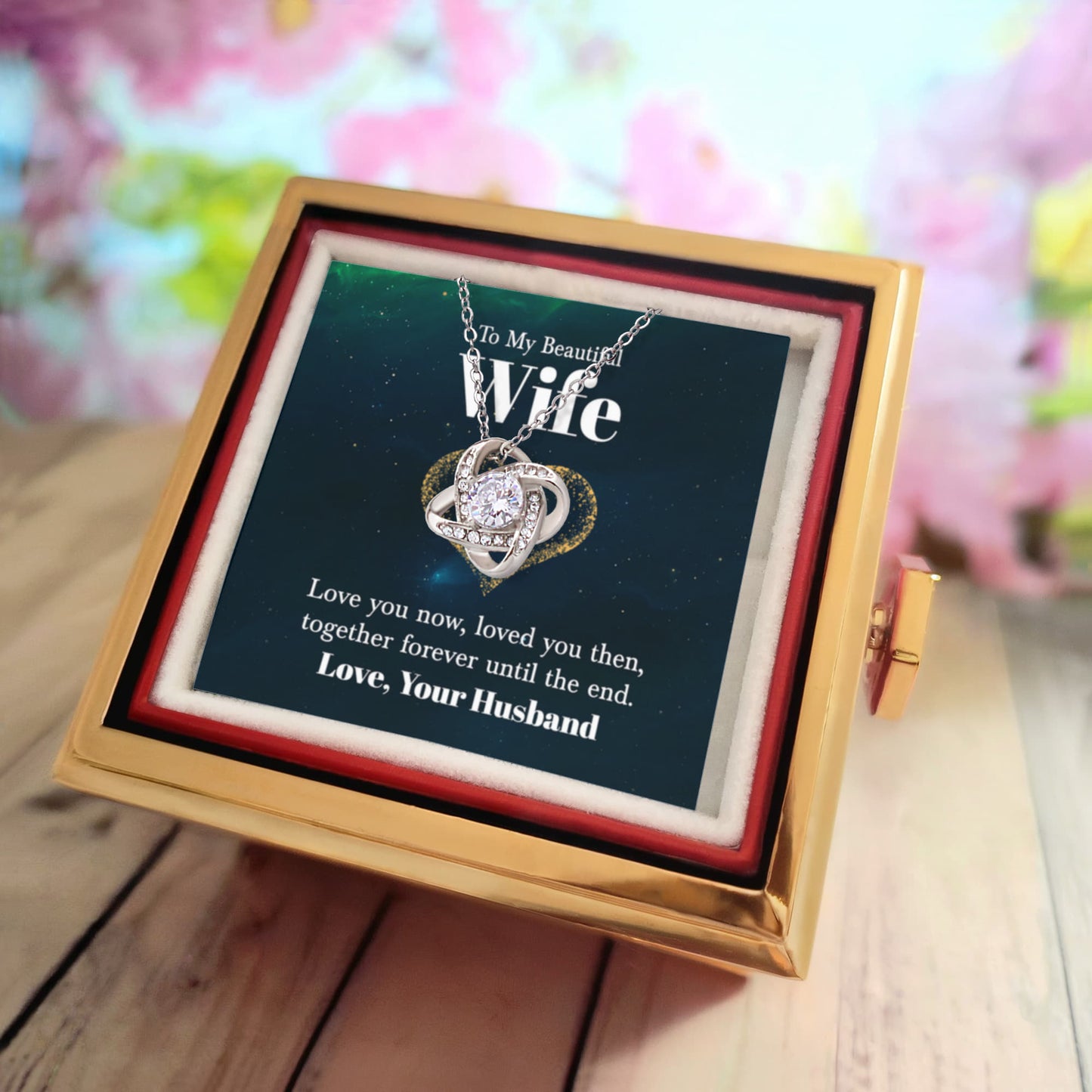 To My Beautiful Wife Rotating Rose Box and Love Knot Necklace