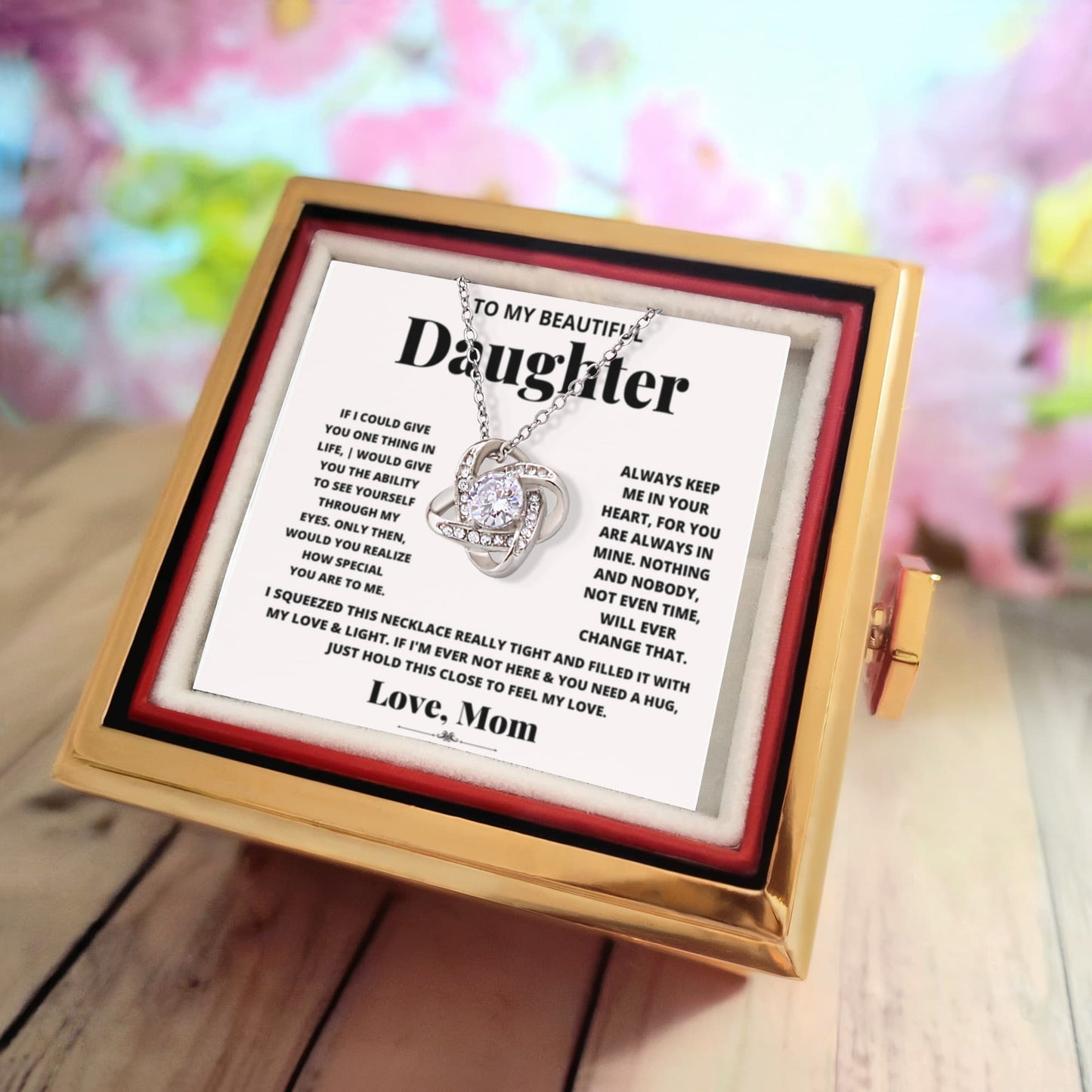Daughter Rotating Rose Box  Love Knot Necklace
