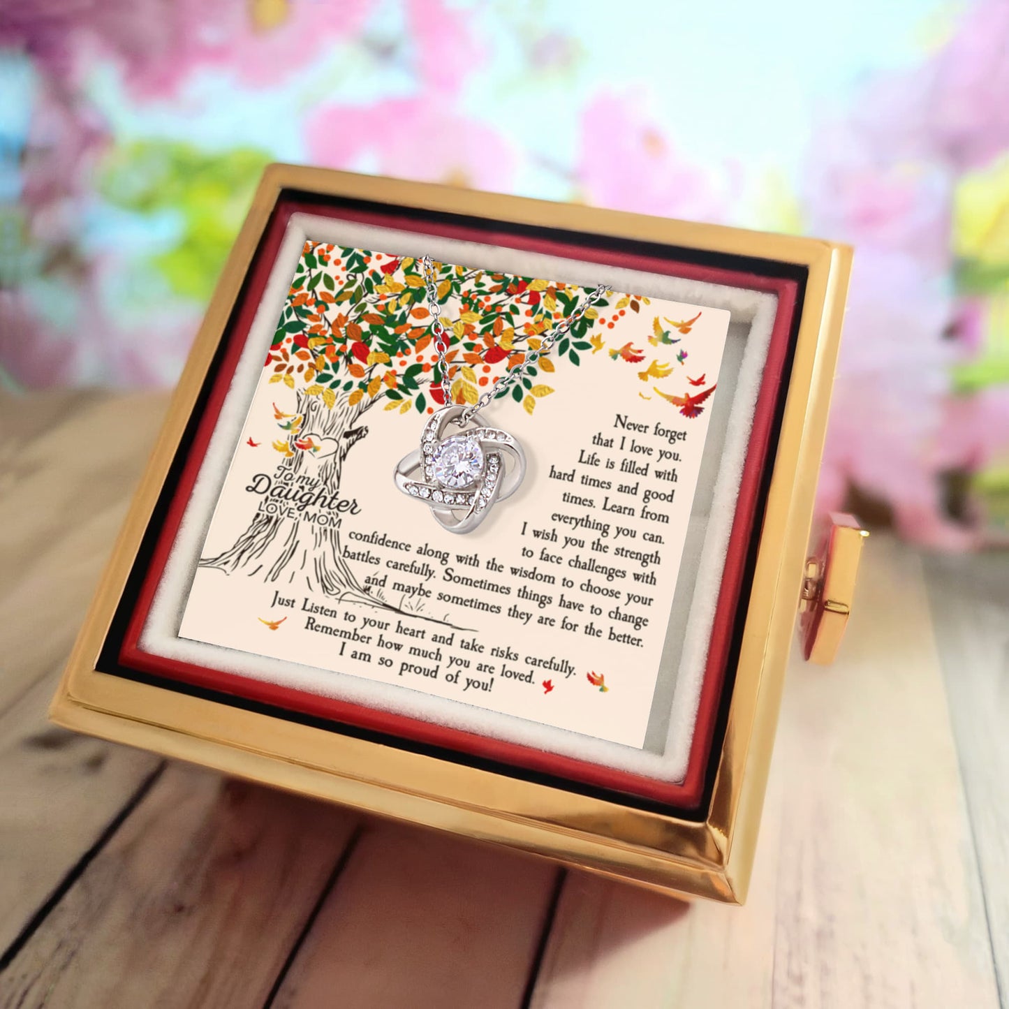 To My Daughter Rotating Rose Box with Love Knot Necklace