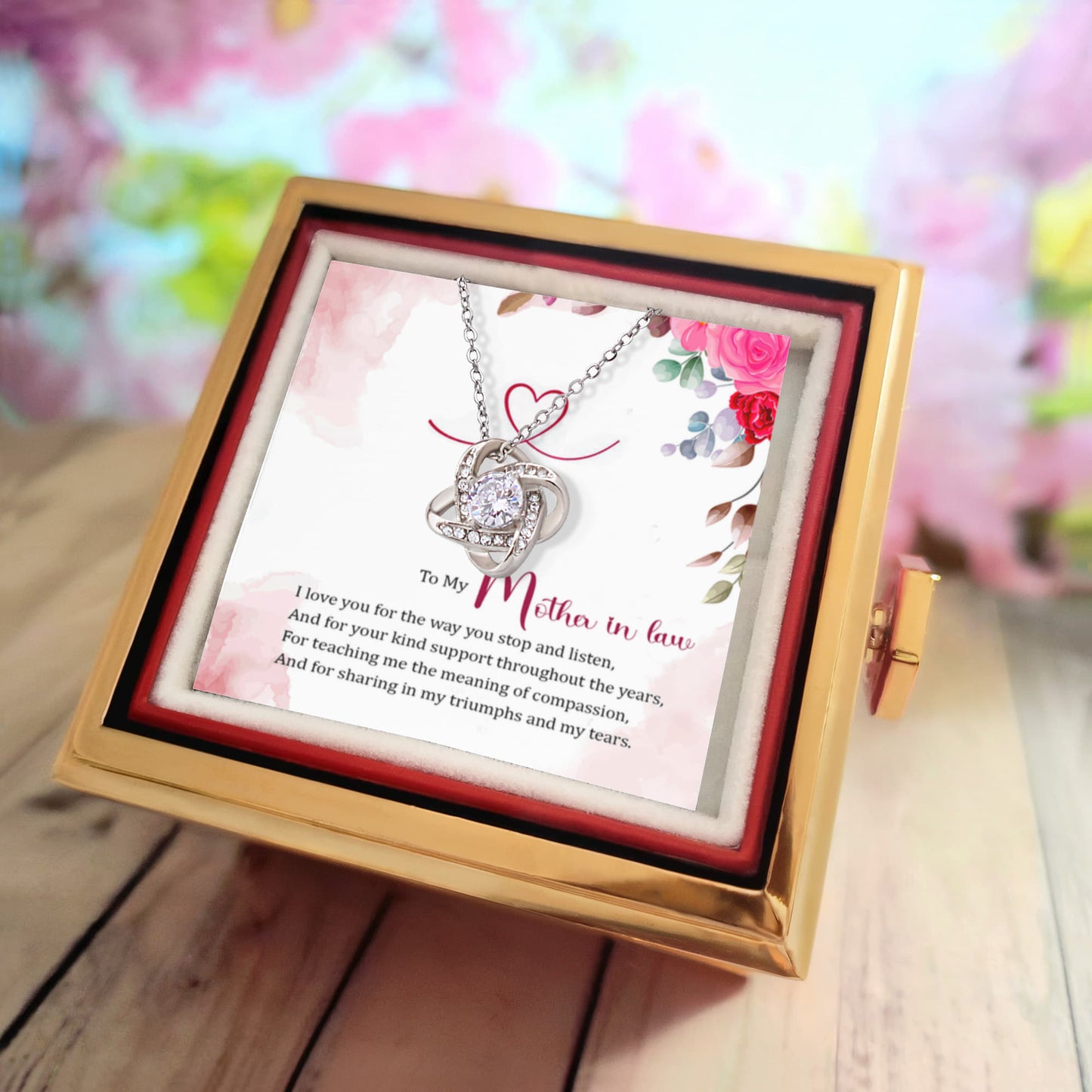 To my Mother in Law Rotating Rose Box and Love Knot Necklace