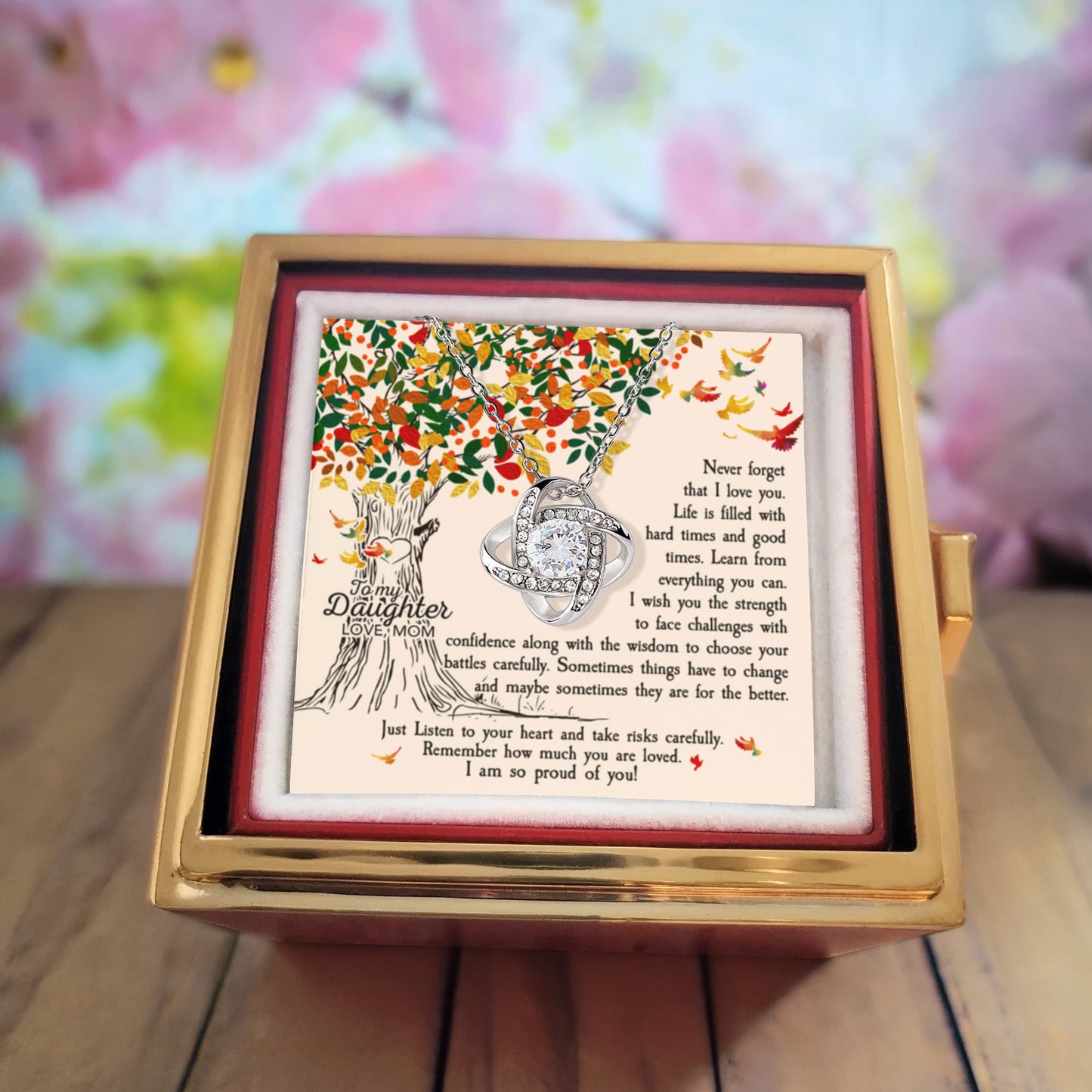 To My Daughter Rotating Rose Box with Love Knot Necklace