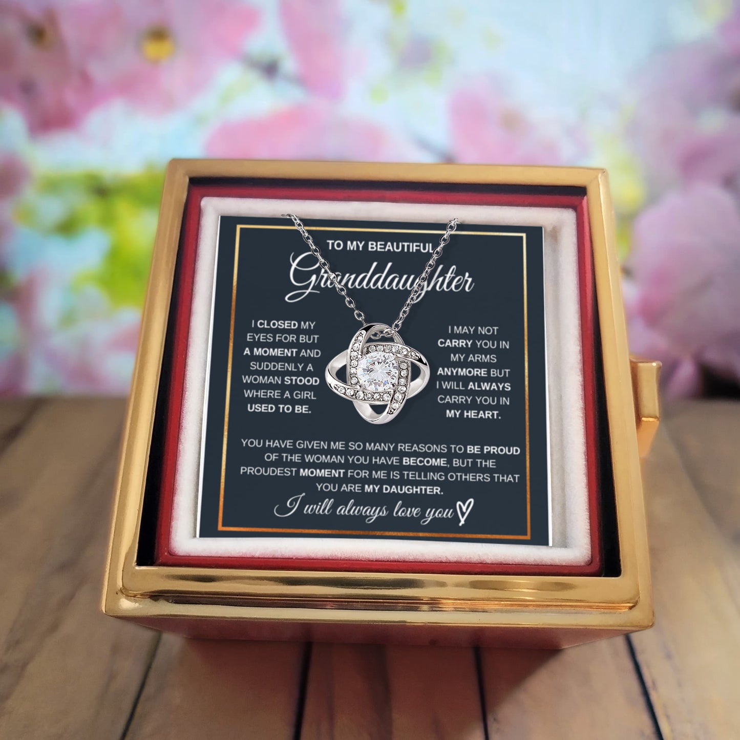 Granddaughter Rotating Rose Box  Love Knot Necklace
