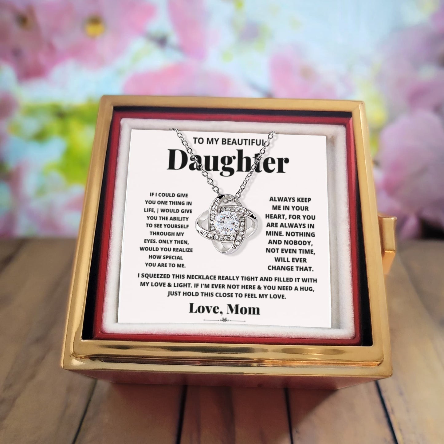 Daughter Rotating Rose Box  Love Knot Necklace