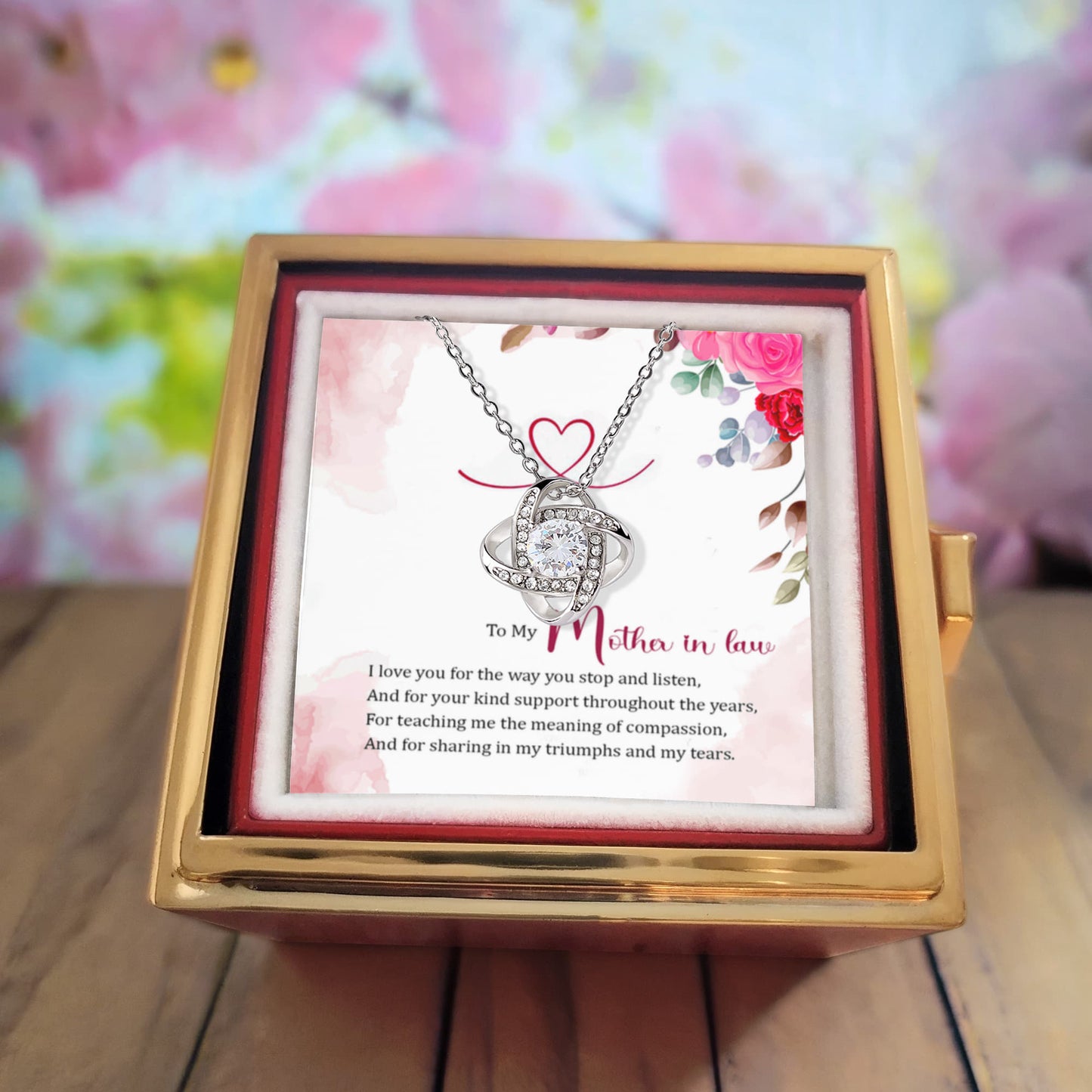 To my Mother in Law Rotating Rose Box and Love Knot Necklace