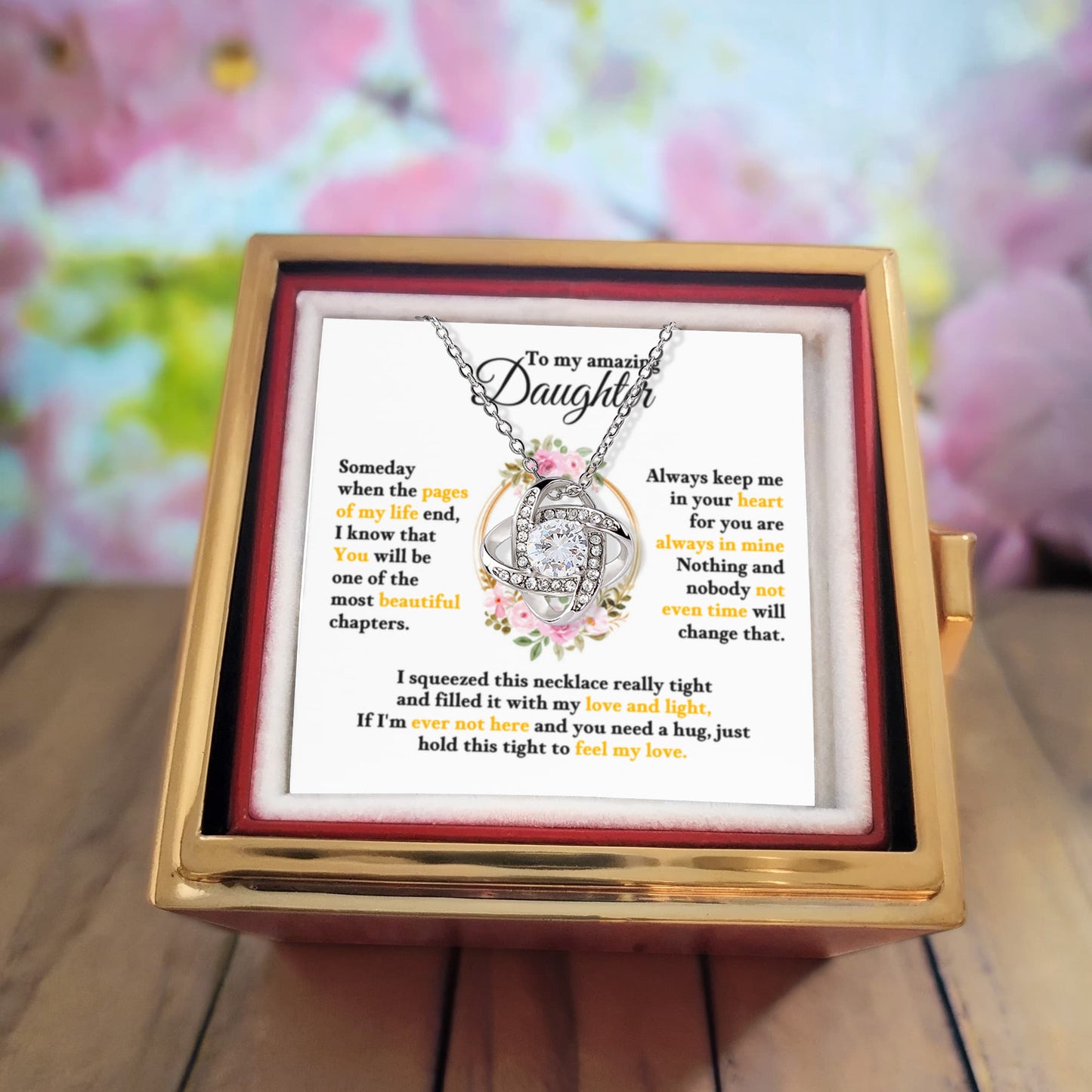 Daughter Rotating Rose Box  Love Knot Necklace