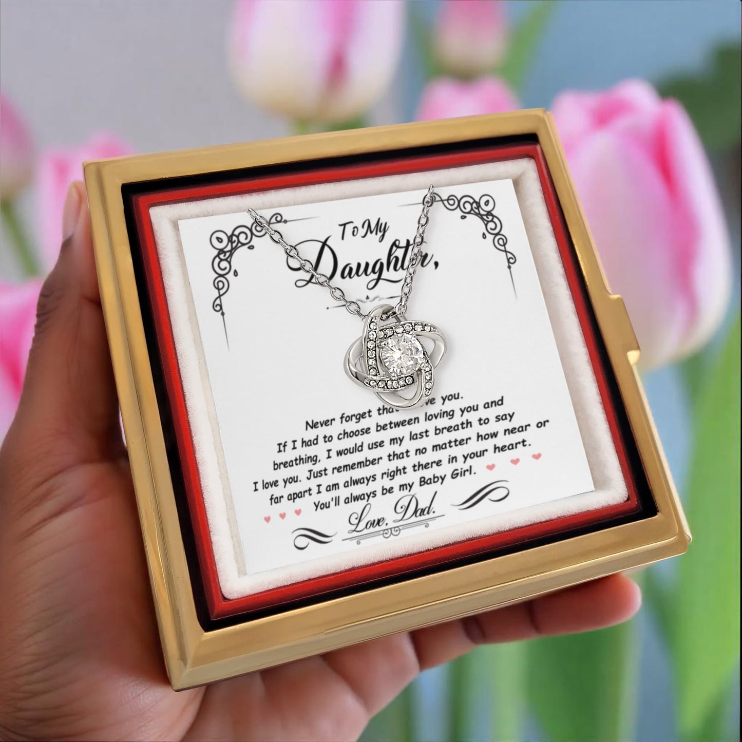 Daughter Rotating Rose Box  Love Knot Necklace