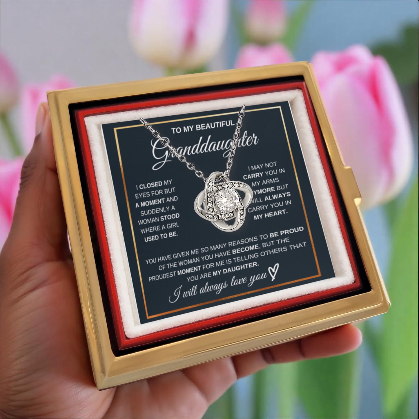 Granddaughter Rotating Rose Box  Love Knot Necklace