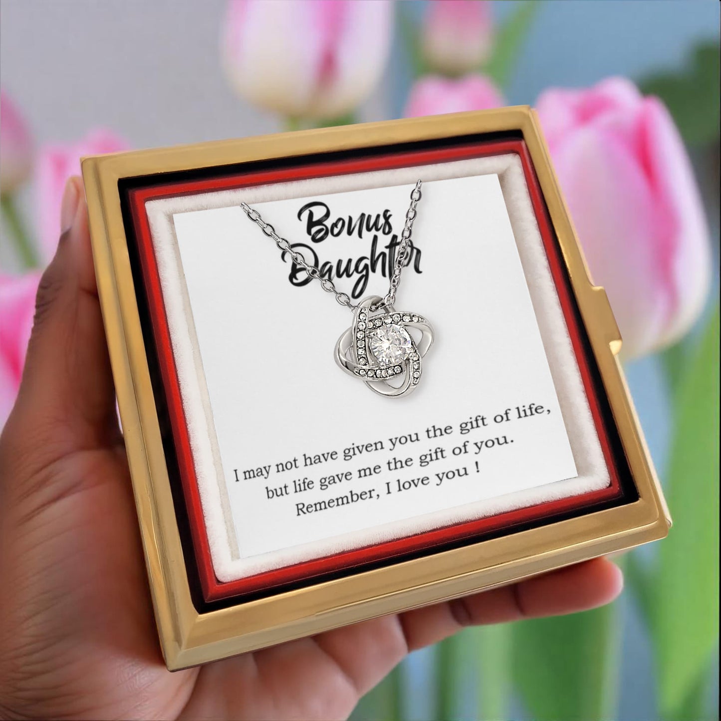 Bonus Daughter Rotating Rose Box with Love Knot Necklace