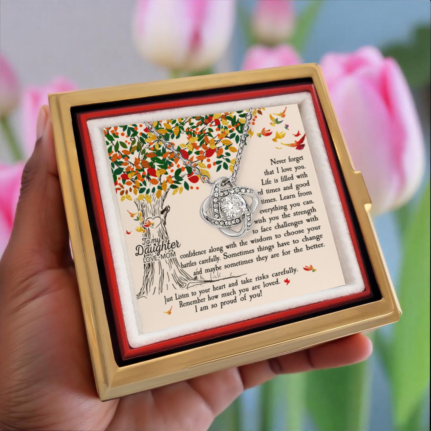 To My Daughter Rotating Rose Box with Love Knot Necklace