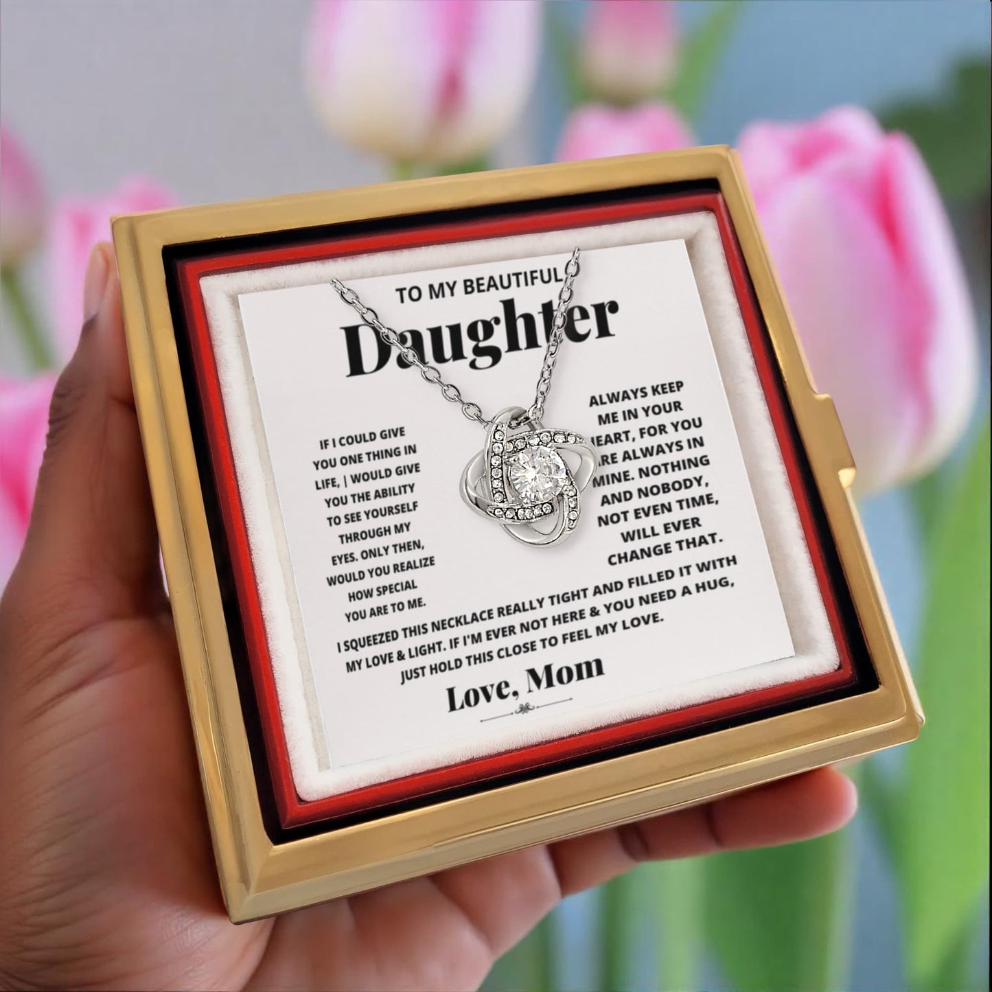 Daughter Rotating Rose Box  Love Knot Necklace
