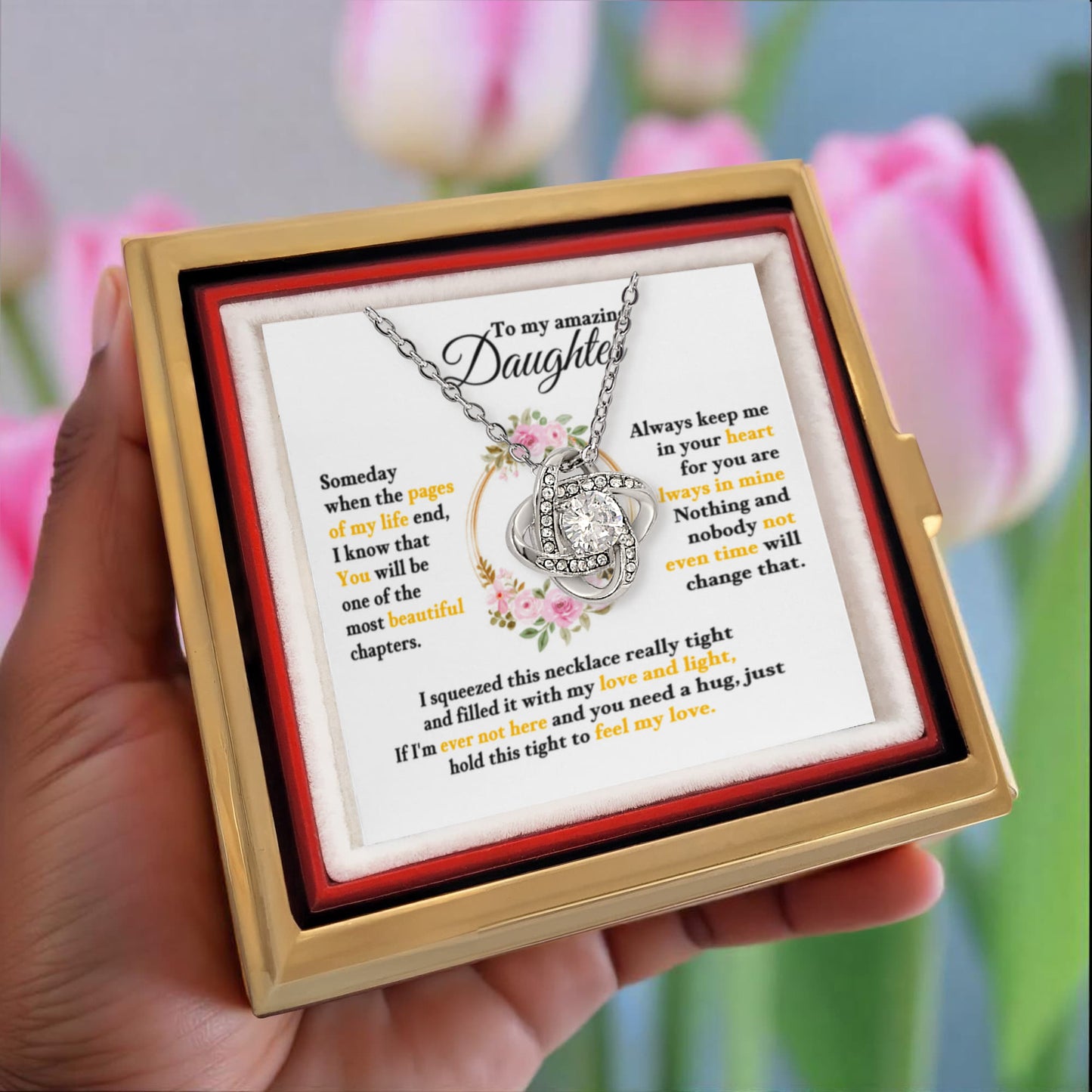 Daughter Rotating Rose Box  Love Knot Necklace