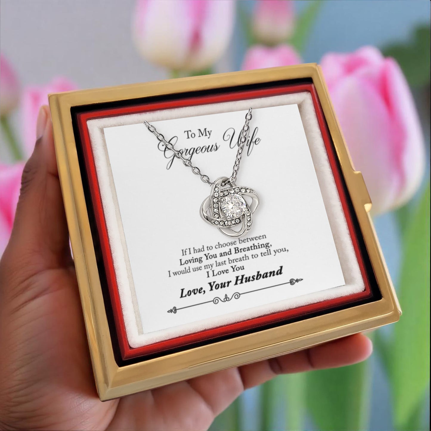 To My Gorgeous Wife Rotating Rose Box and Love Knot Necklace