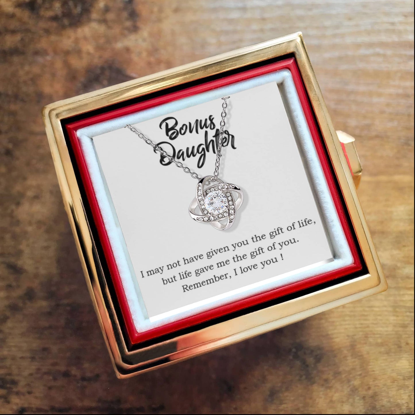 Bonus Daughter Rotating Rose Box with Love Knot Necklace