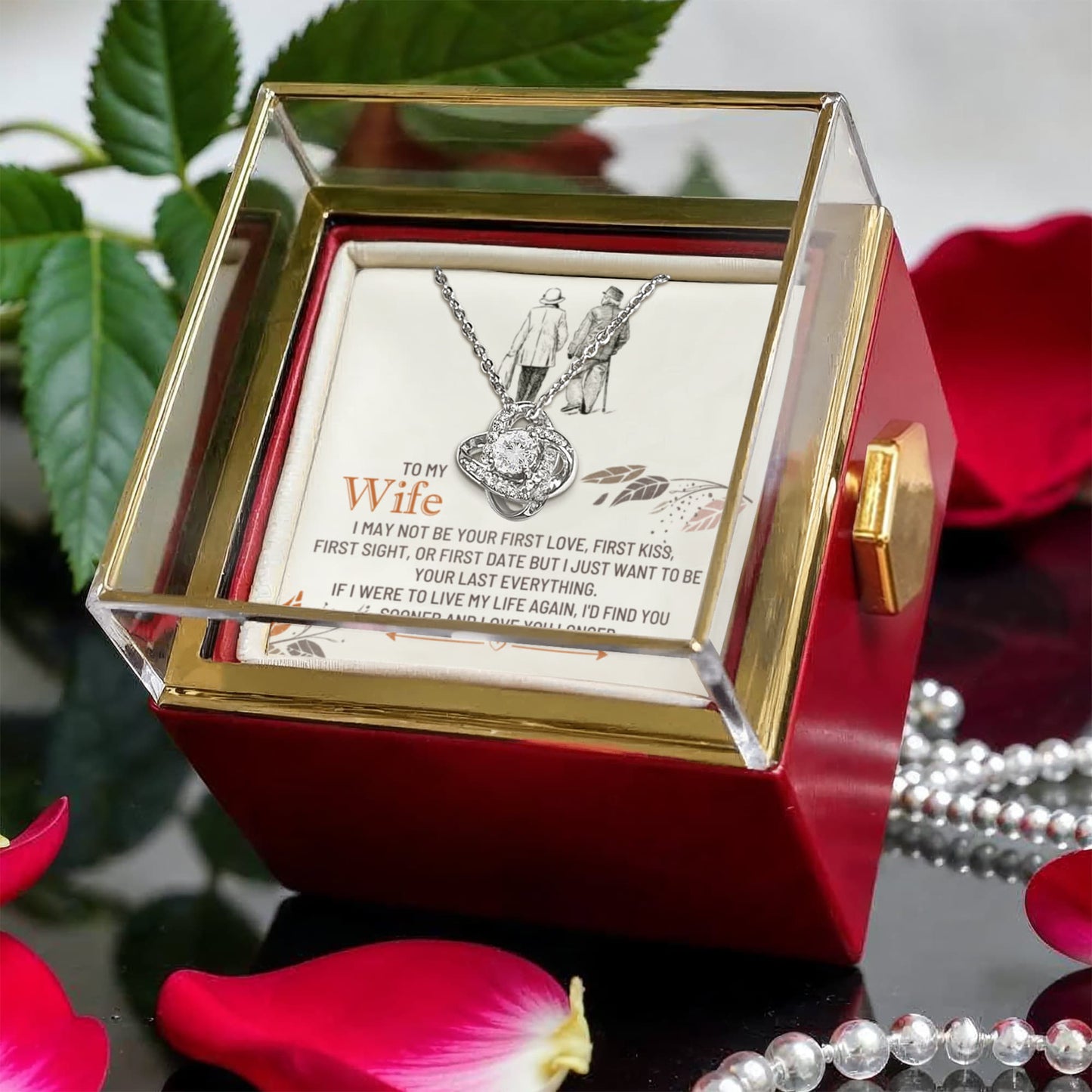 To My Wife Rotating Rose Box  Love Knot Necklace