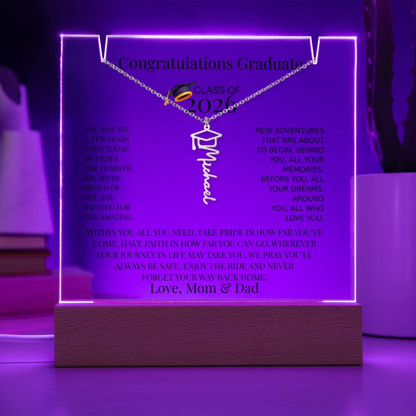 Personalized Class of 2026 Graduation Necklace and Acrylic Gift Set