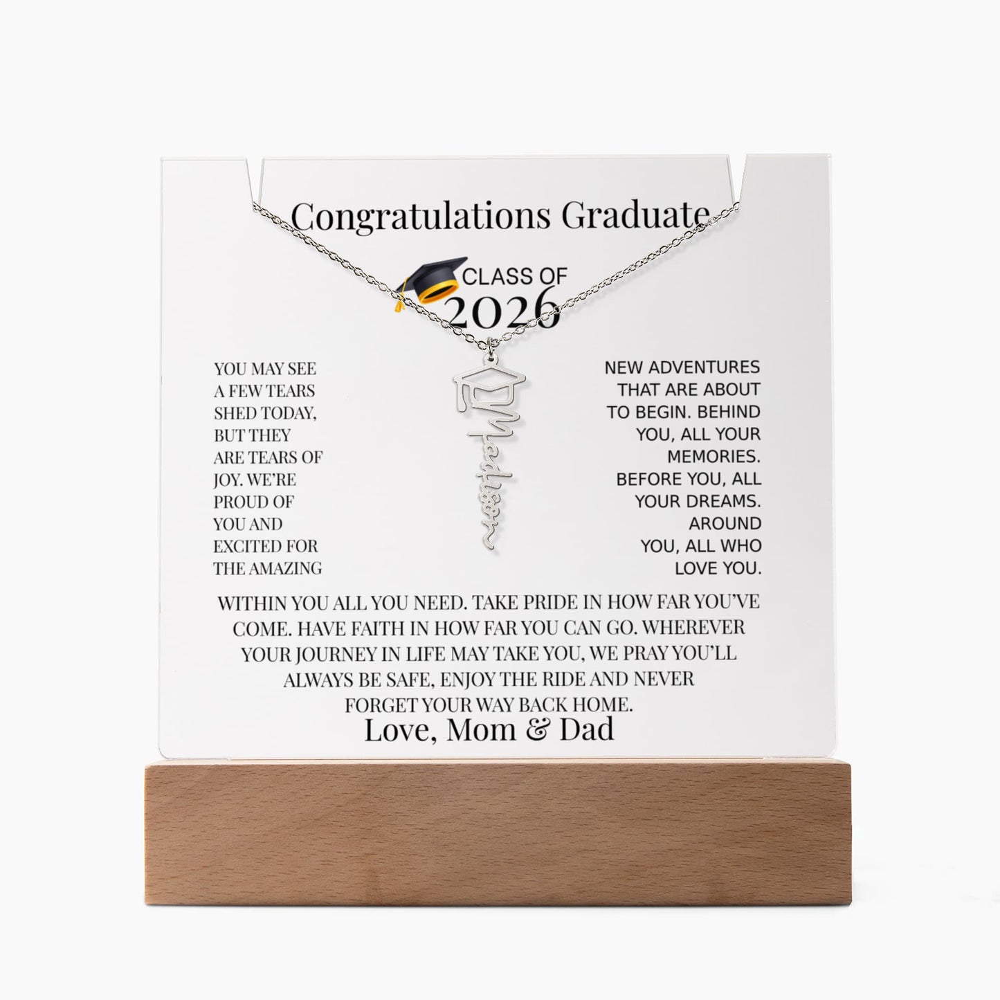 Personalized Class of 2026 Graduation Necklace and Acrylic Gift Set
