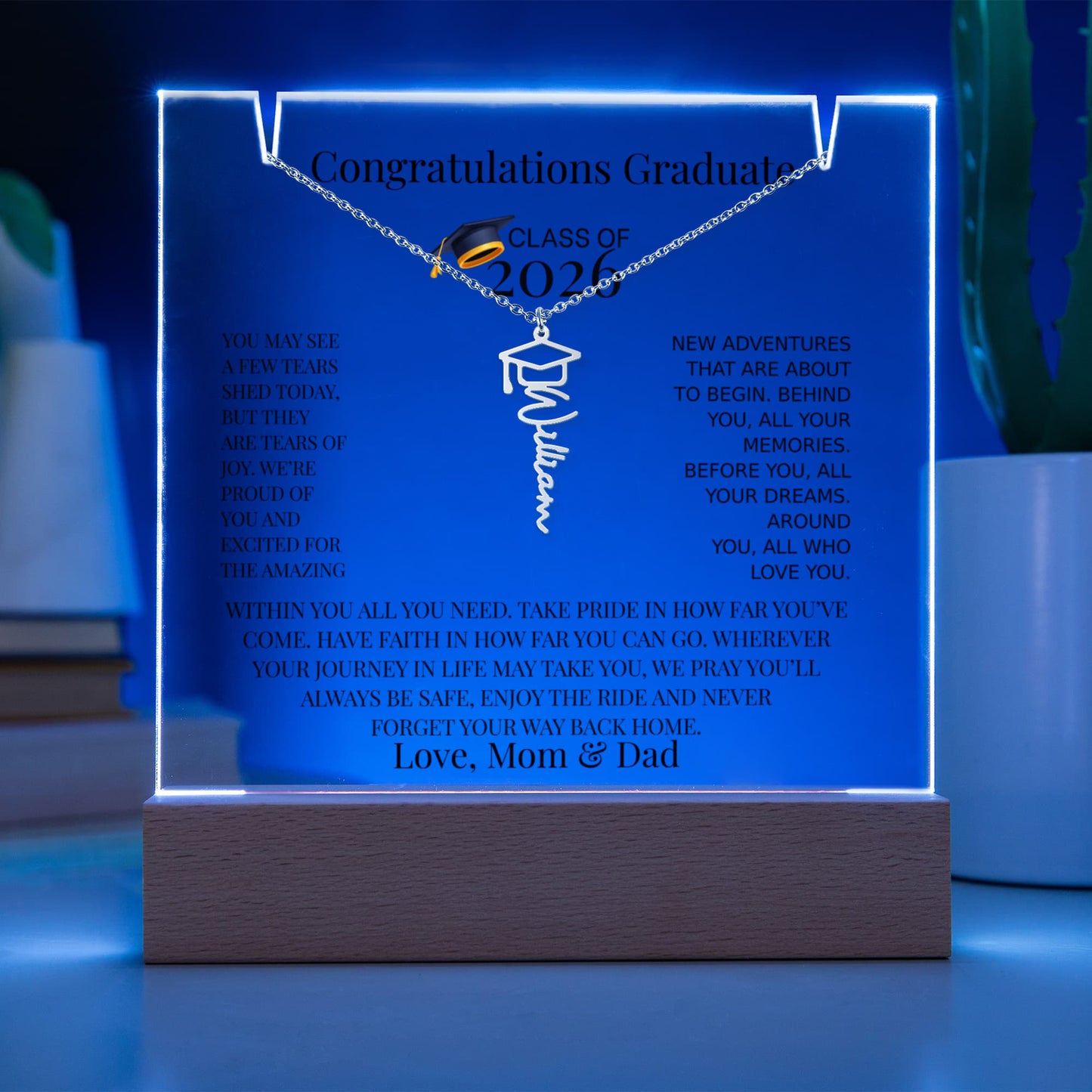 Personalized Class of 2026 Graduation Necklace and Acrylic Gift Set