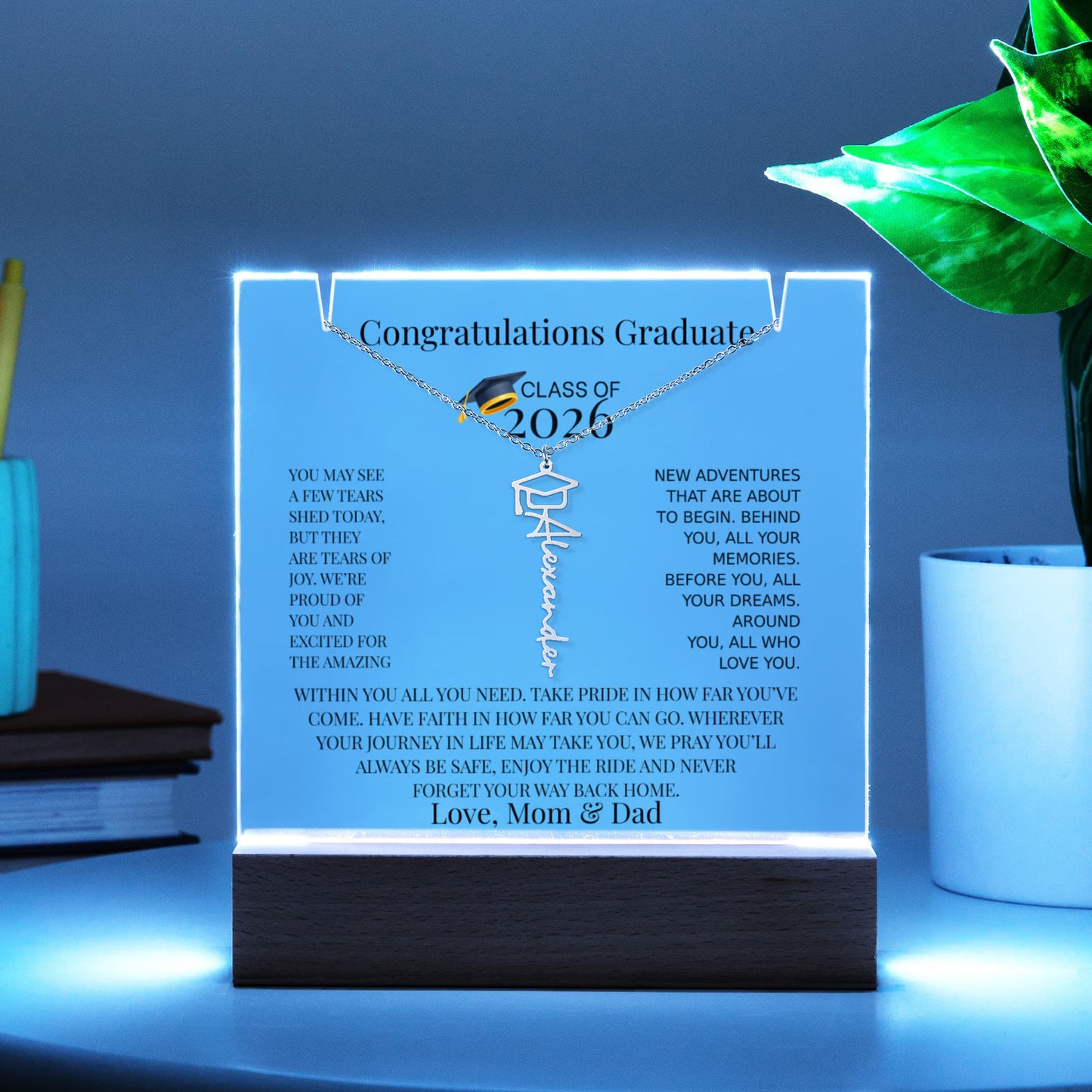 Personalized Class of 2026 Graduation Necklace and Acrylic Gift Set
