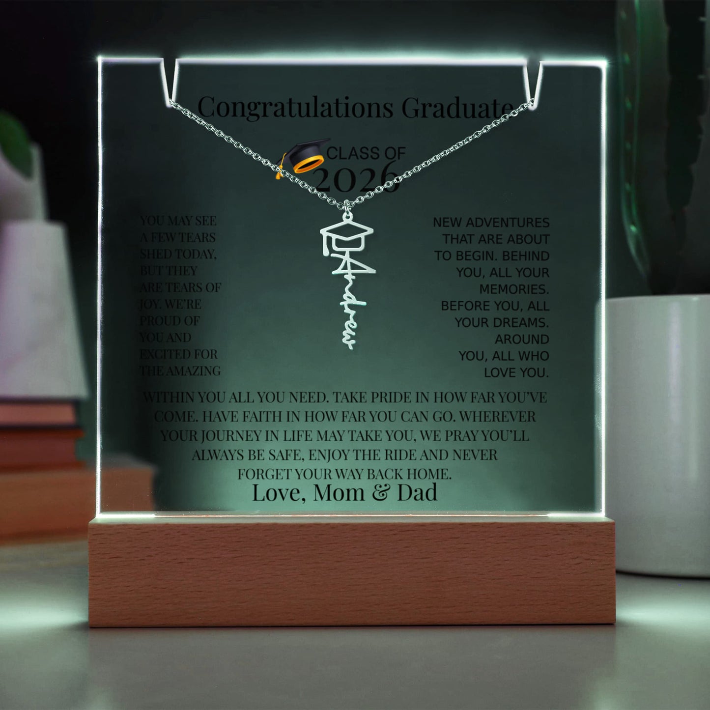Personalized Class of 2026 Graduation Necklace and Acrylic Gift Set