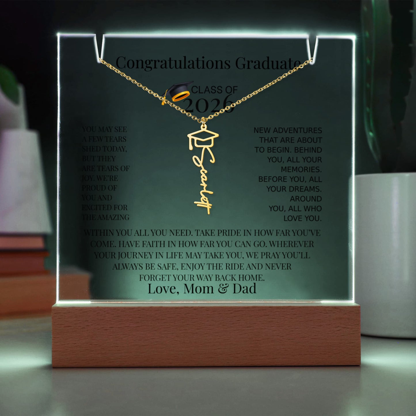 Personalized Class of 2026 Graduation Necklace and Acrylic Gift Set