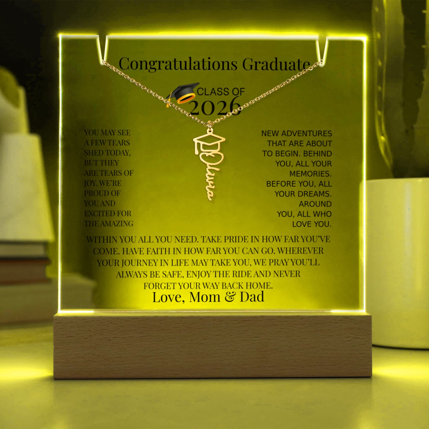 Personalized Class of 2026 Graduation Necklace and Acrylic Gift Set