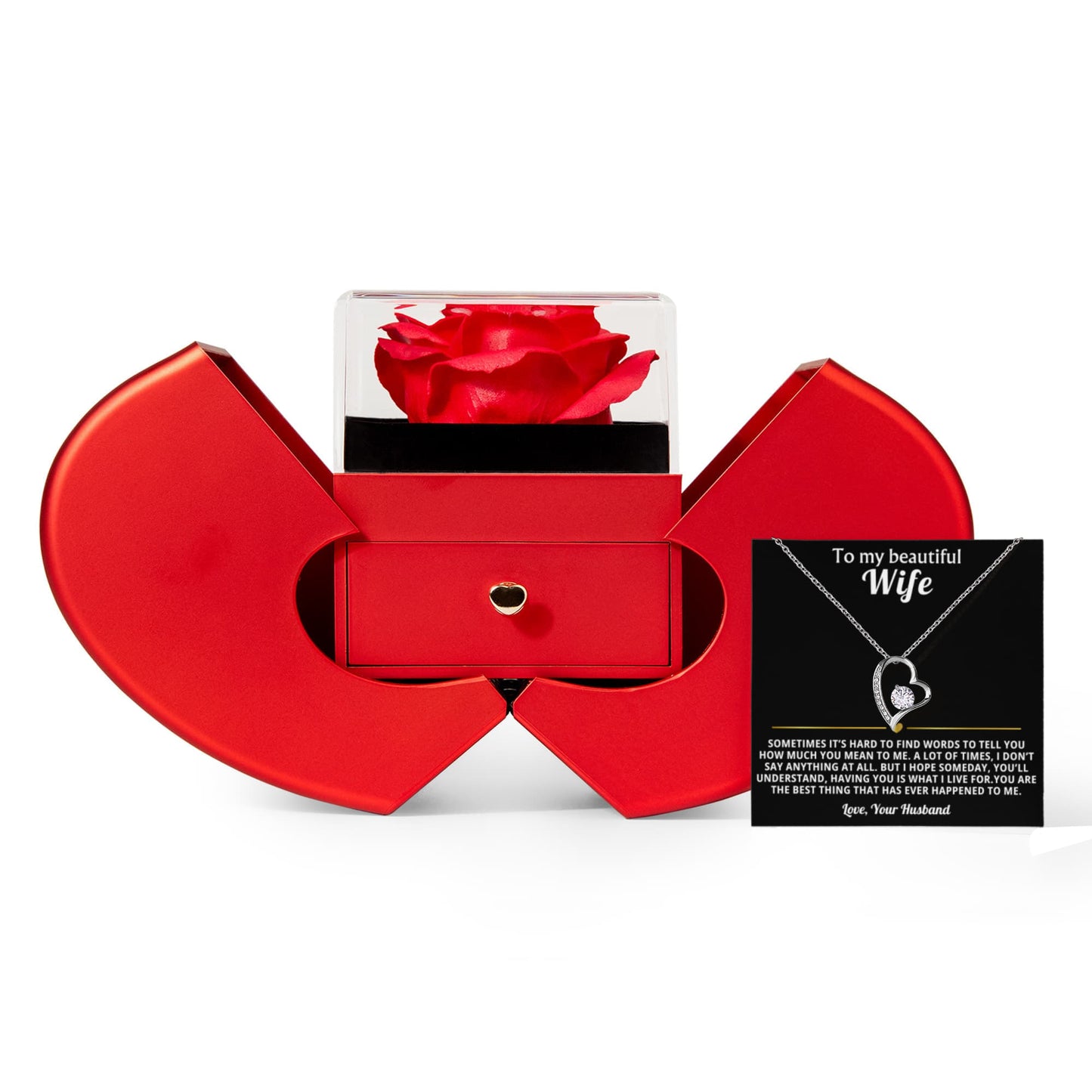 To My Wife Heart Necklace and Rose Gift Box Set