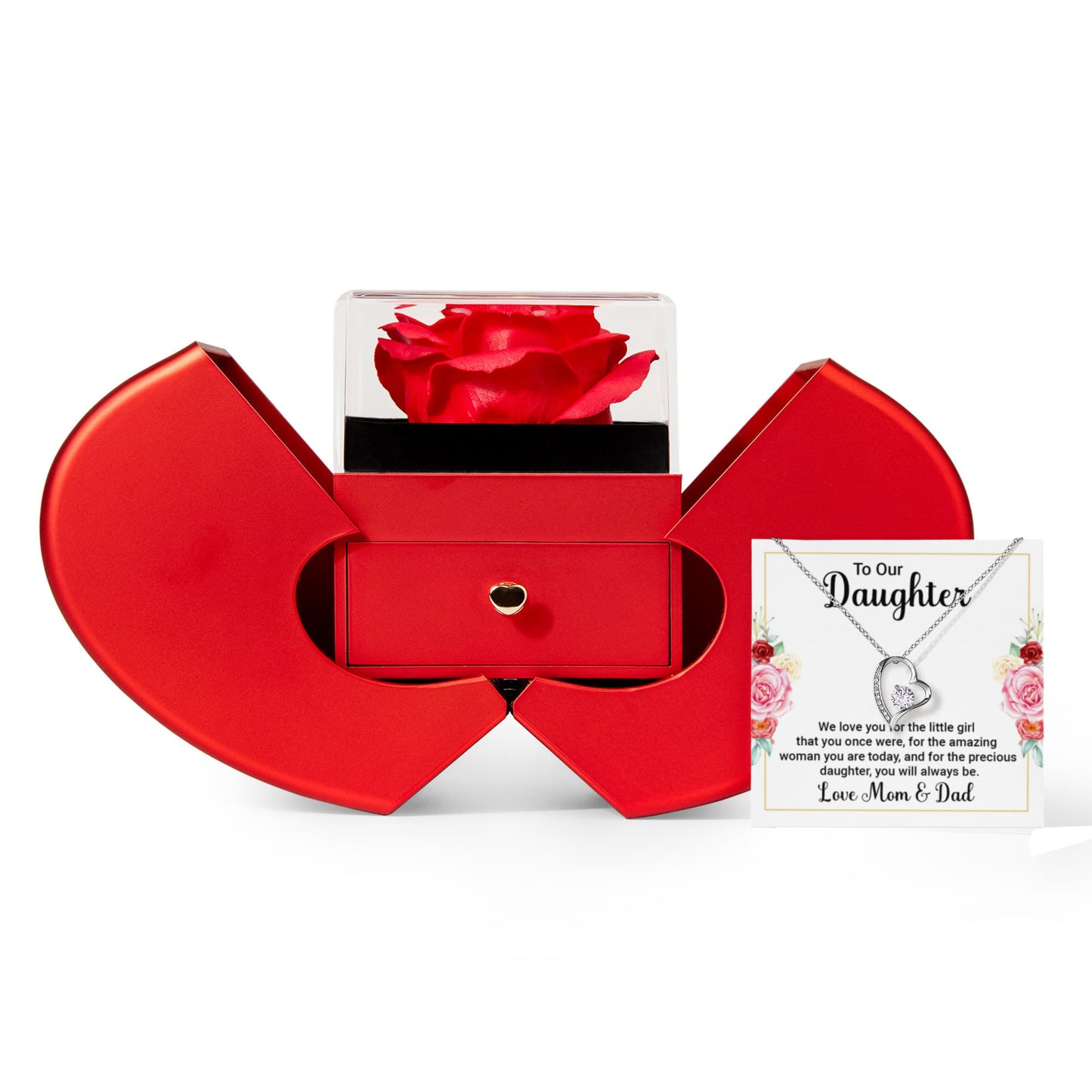 Daughter Heart Necklace & Rose Gift Set from Mom Dad