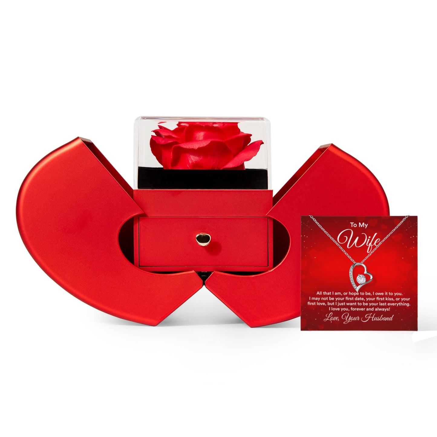 Wife All That I Am Heart Necklace Preserved Rose Box Gift Set