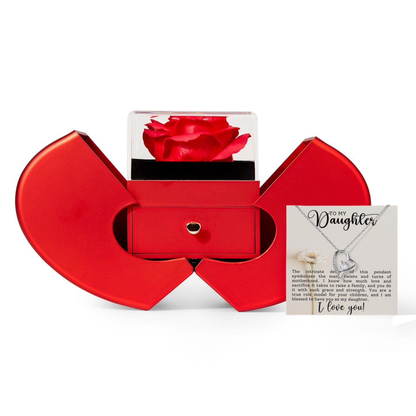 Daughter Motherhood Heart Necklace & Rose Gift Set