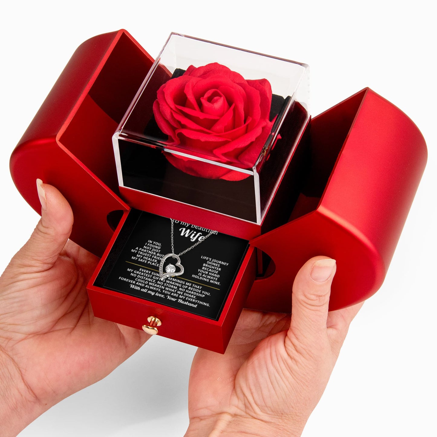 To My Beautiful Wife Preserved Rose and Heart Necklace Gift Set