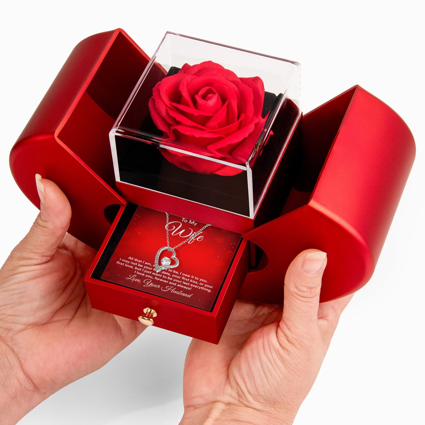 Wife All That I Am Heart Necklace Preserved Rose Box Gift Set