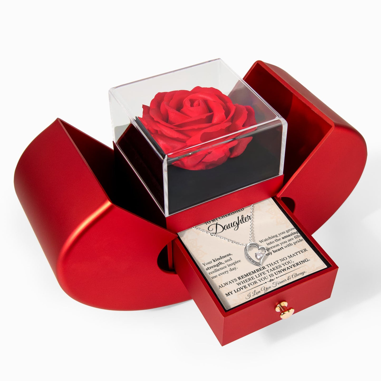 To My Cherished Daughter Heart Necklace  & Rose Gift Box Set