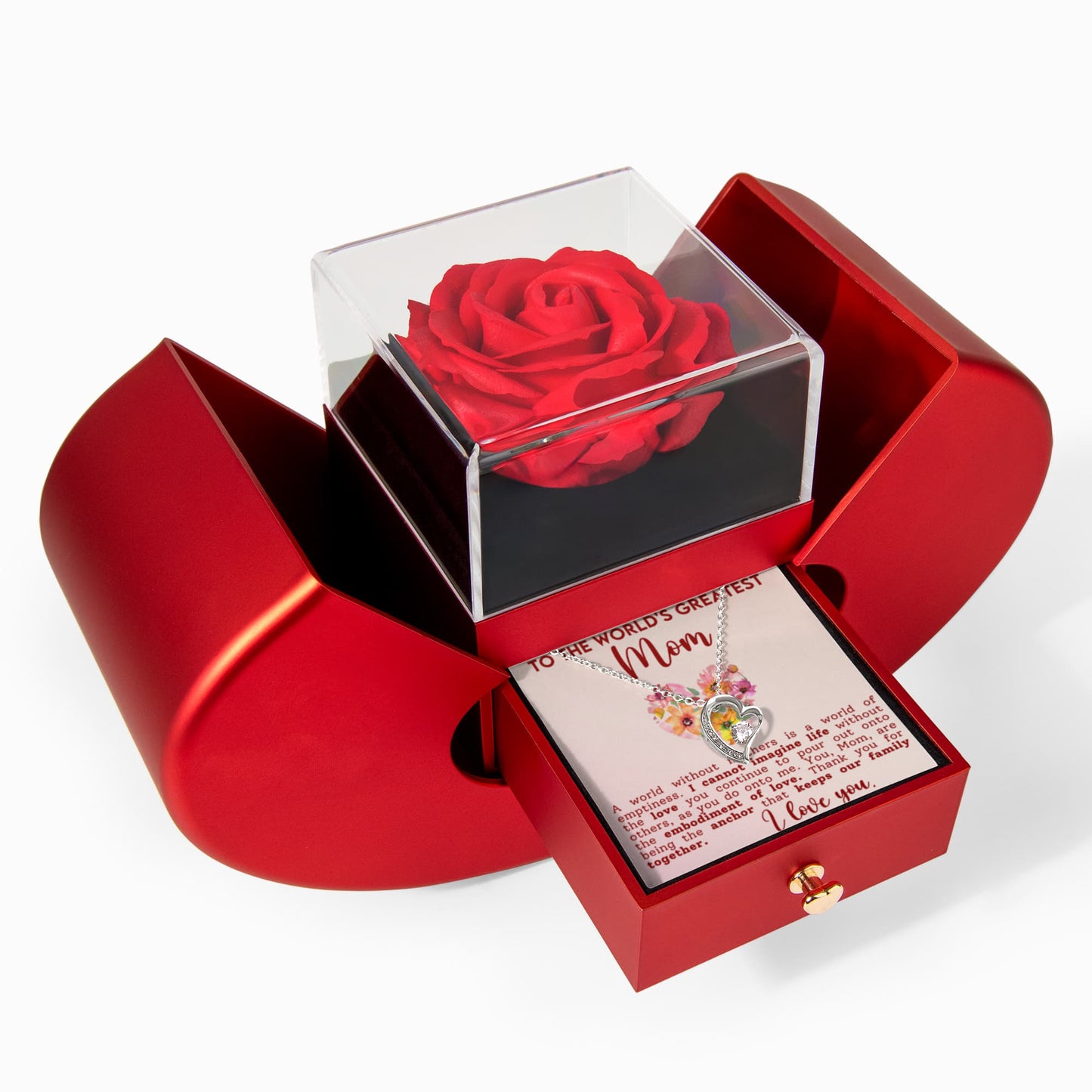 Mom Heart Necklace & Rose Gift Set