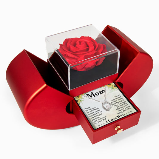 Mom Heart Necklace & Rose Gift Set