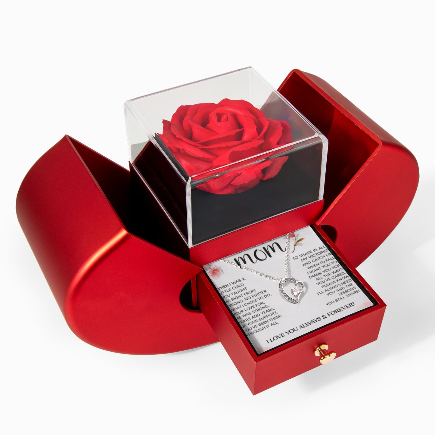 Mom Heart Necklace & Rose Gift Box Set