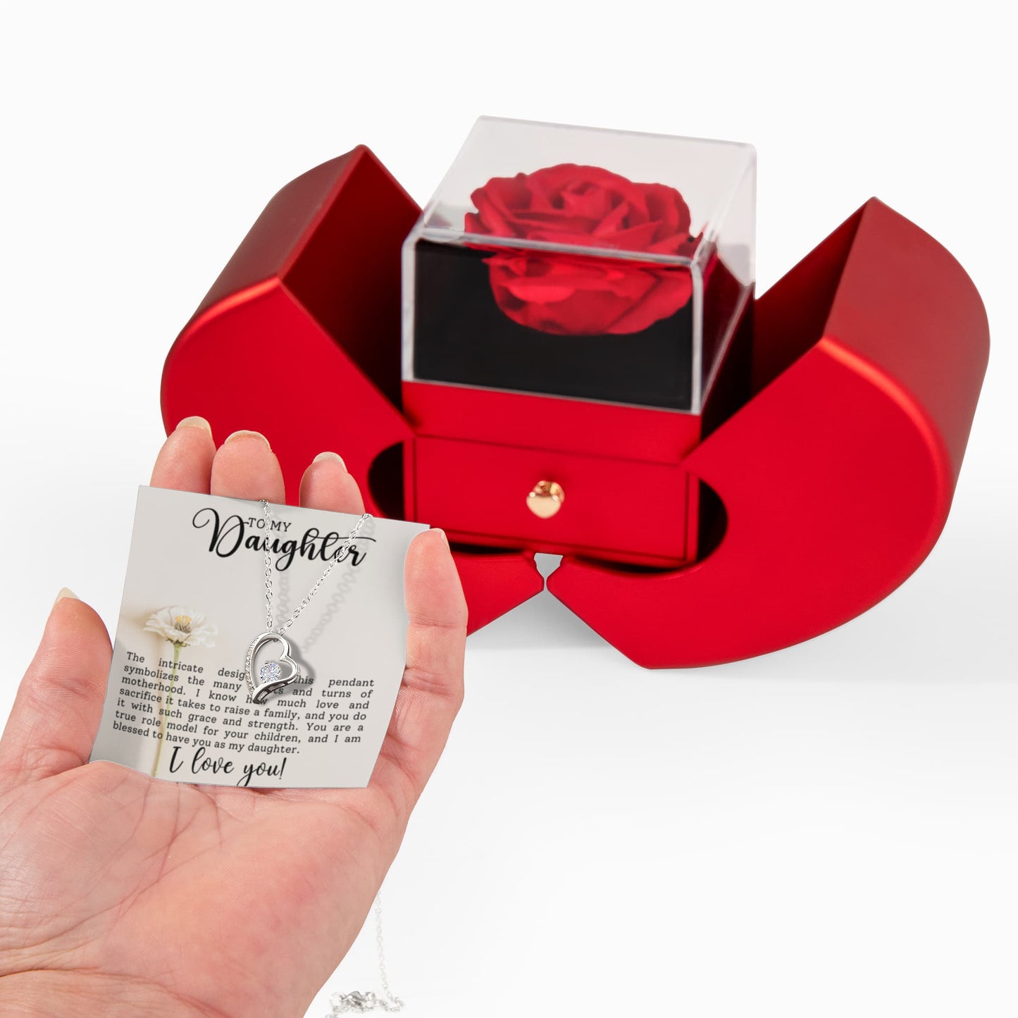 Daughter Motherhood Heart Necklace & Rose Gift Set