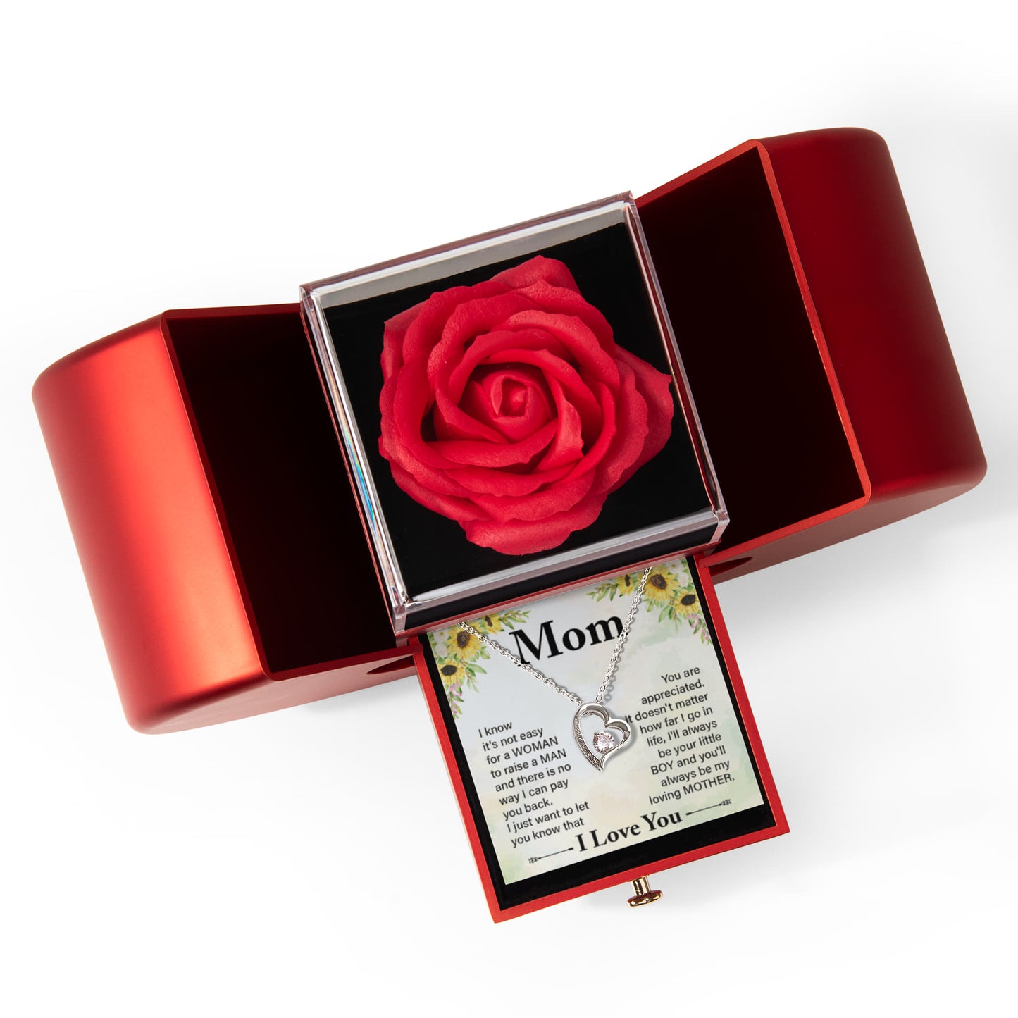 Mom Heart Necklace & Rose Gift Set