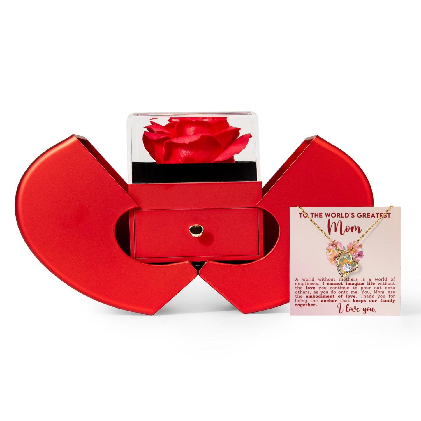 Mom Heart Necklace & Rose Gift Set