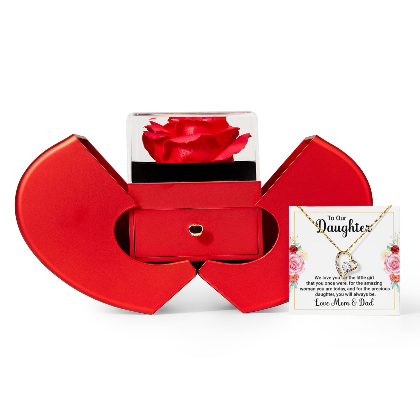 Daughter Heart Necklace & Rose Gift Set from Mom Dad