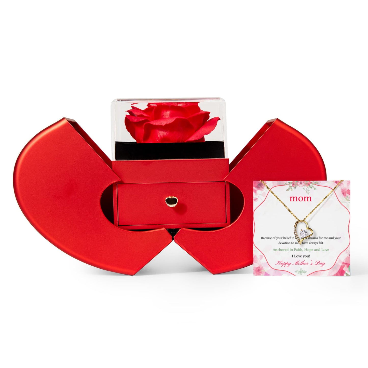 Mother's Day Heart Necklace & Rose Gift Set for Mom