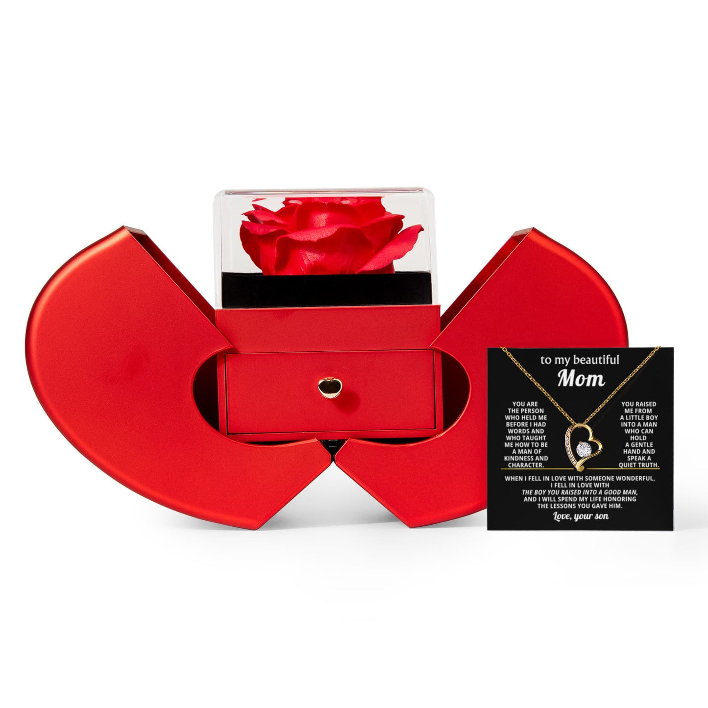 Mom from Son Rose Box Heart Necklace Gift Set