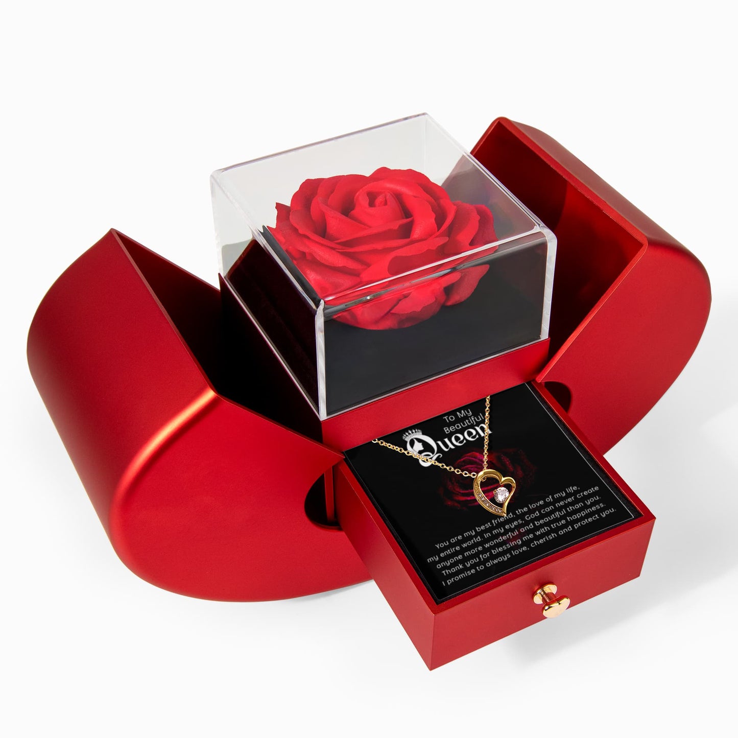 My Beautiful Queen Heart Necklace Preserved Rose Box Gift Set