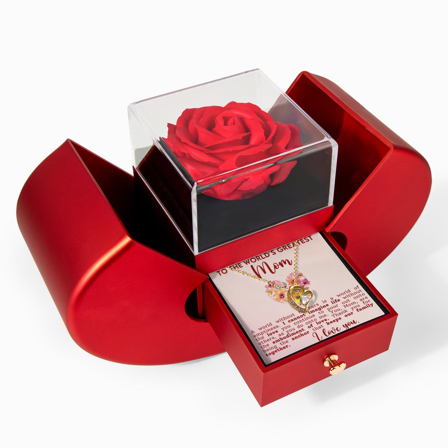 Mom Heart Necklace & Rose Gift Set