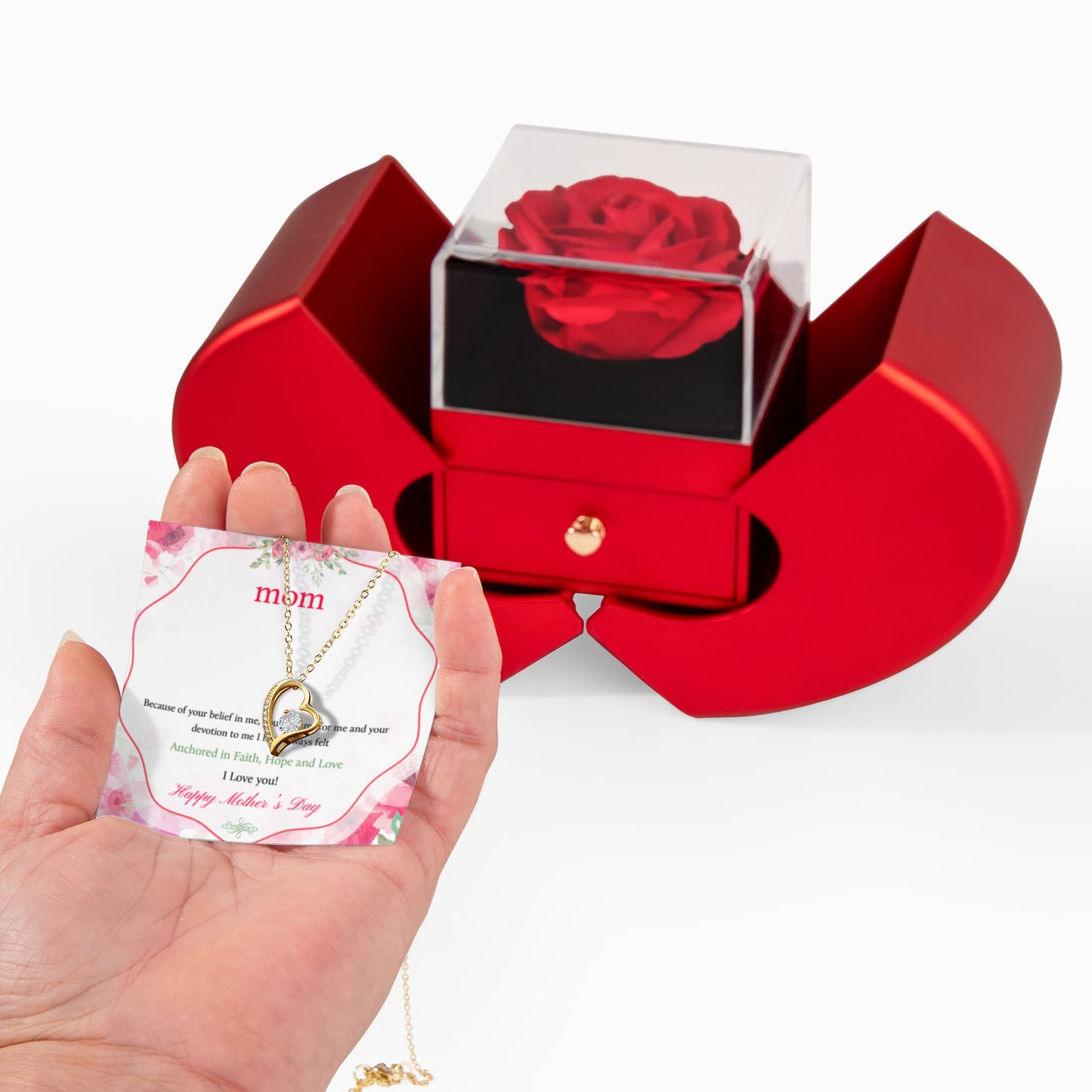 Mother's Day Heart Necklace & Rose Gift Set for Mom