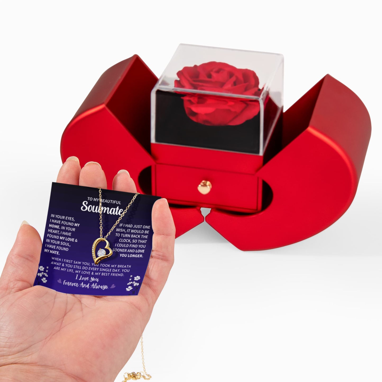 Soulmate Heart Necklace Preserved Rose Box Gift Set