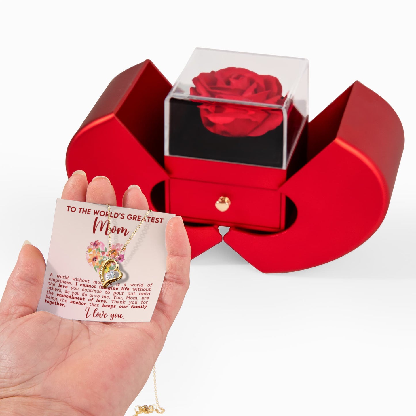 Mom Heart Necklace & Rose Gift Set