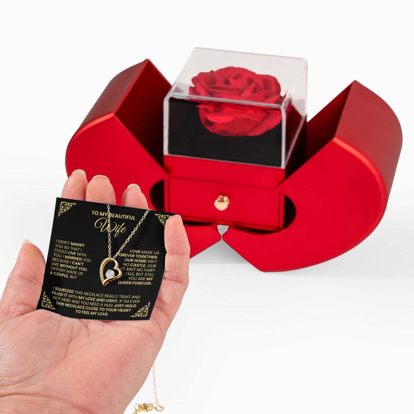 Wife Heart Necklace Preserved Rose Box Gift Set