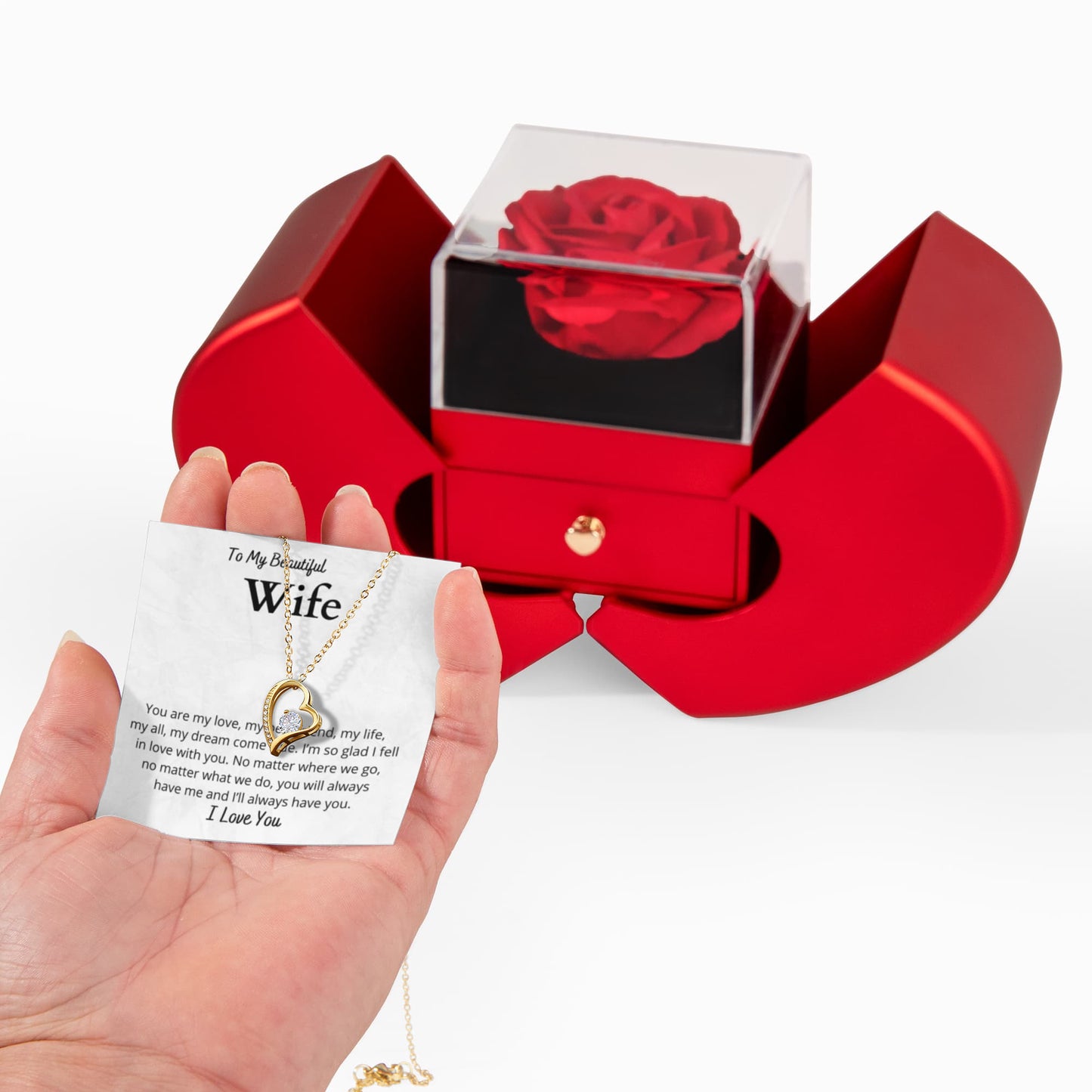 Wife Heart Necklace Preserved Rose Box Gift Set