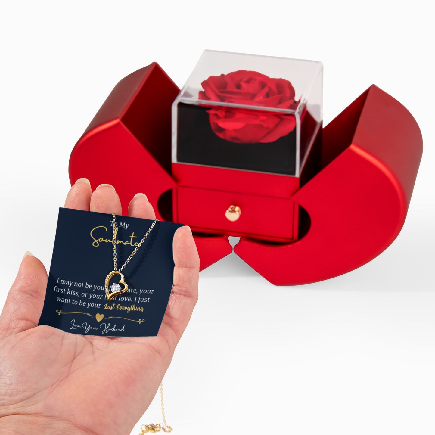 Soulmate Heart Necklace Preserved Rose Box Gift Set
