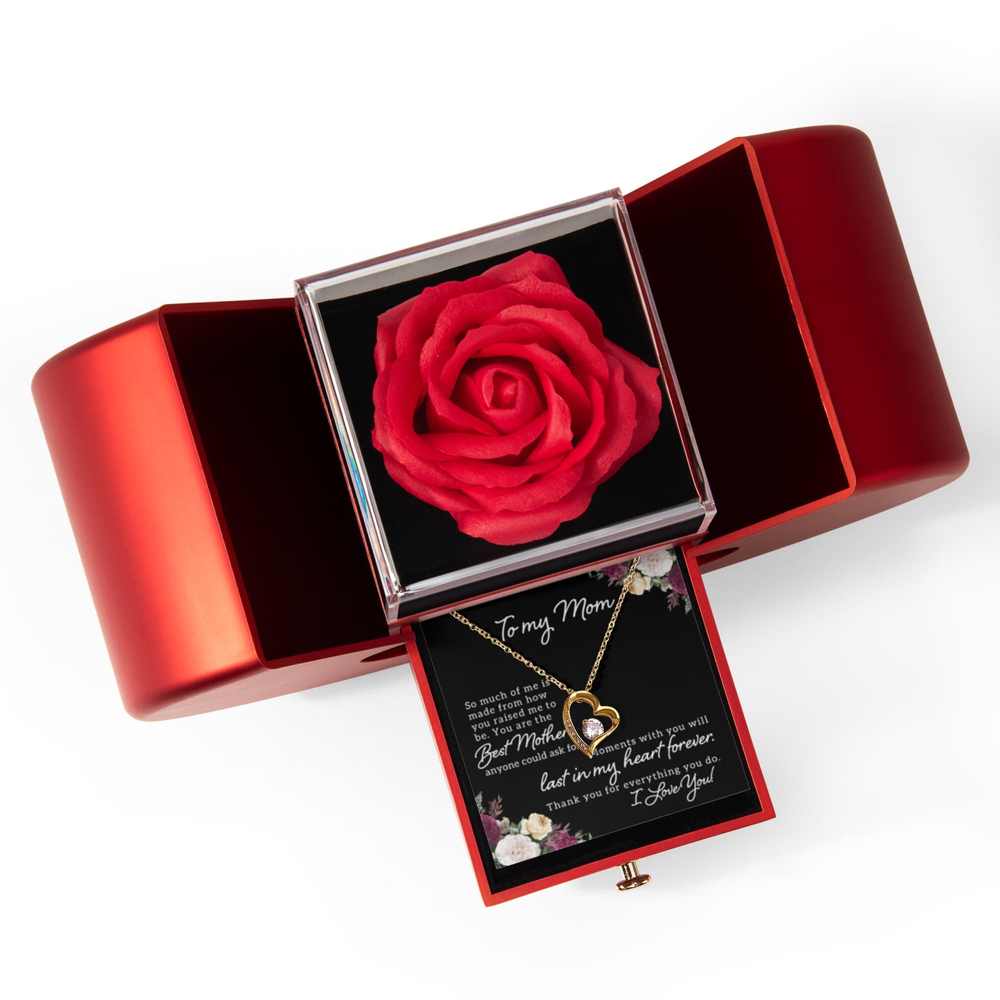 Mom Heart Necklace & Rose Gift Set
